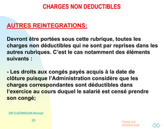 Passer à la
première page
CHARGES NON DEDUCTIBLES
DR DJERMOUN Ahmed
20
AUTRES REINTEGRATIONS:
Devront être portées sous cette rubrique, toutes les
charges non déductibles qui ne sont par reprises dans les
autres rubriques. C’est le cas notamment des éléments
suivants :
- Les droits aux congés payés acquis à la date de
clôture puisque l’Administration considère que les
charges correspondantes sont déductibles dans
l’exercice au cours duquel le salarié est censé prendre
son congé;
 