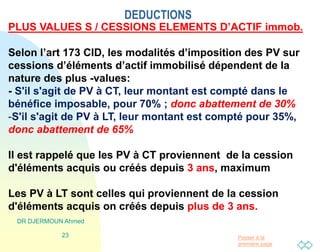 Passer à la
première page
DEDUCTIONS
DR DJERMOUN Ahmed
23
PLUS VALUES S / CESSIONS ELEMENTS D’ACTIF immob.
Selon l’art 173 CID, les modalités d’imposition des PV sur
cessions d’éléments d’actif immobilisé dépendent de la
nature des plus -values:
- S'il s'agit de PV à CT, leur montant est compté dans le
bénéfice imposable, pour 70% ; donc abattement de 30%
-S'il s'agit de PV à LT, leur montant est compté pour 35%,
donc abattement de 65%
Il est rappelé que les PV à CT proviennent de la cession
d'éléments acquis ou créés depuis 3 ans, maximum
Les PV à LT sont celles qui proviennent de la cession
d'éléments acquis on créés depuis plus de 3 ans.
 