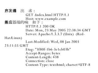 客户端发出请求： GET /index.html HTTP/1.1 Host: www.example.com 服务器端的响应如下： HTTP/1.1 200 OK Date: Mon, 23 May 2005 22:38:34 GMT Server: Apache/1.3.3.7 (Unix)  (Red-Hat/Linux)‏ Last-Modified: Wed, 08 Jan 2003 23:11:55 GMT Etag: "3f80f-1b6-3e1cb03b" Accept-Ranges: bytes Content-Length: 438 Connection: close Content-Type: text/html; charset=UTF-8 