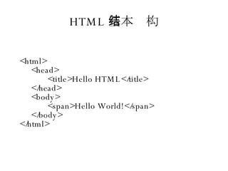 HTML 基本结构 <html> <head> <title>Hello HTML</title> </head> <body> <span>Hello World!</span> </body> </html> 