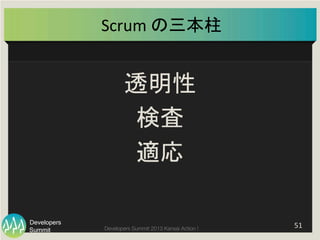 Summit
Developers
Developers Summit 2013 Kansai Action ! 
Scrum	
  の三本柱	
透明性	
  
検査	
  
適応	
51	
  
 