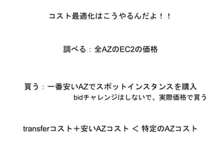 調べる：全AZのEC2の価格
コスト最適化はこうやるんだよ！！
買う：一番安いAZでスポットインスタンスを購入
bidチャレンジはしないで、実際価格で買う
transferコスト＋安いAZコスト ＜ 特定のAZコスト
 