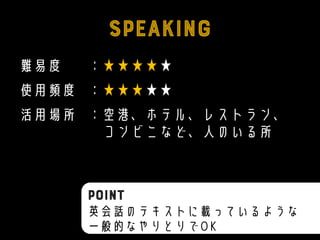 難易度 ：★★★★★
使用頻度 ：★★★★★
活用場所 ：空港、ホテル、レストラン、
コンビニなど、人のいる所
英会話のテキストに載っているような
一般的なやりとりでOK
 