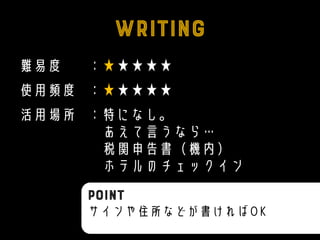 難易度 ：★★★★★
使用頻度 ：★★★★★
活用場所 ：特になし。
あえて言うなら…
税関申告書（機内）
ホテルのチェックイン
サインや住所などが書ければOK
 
