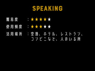 難易度 ：★★★★★
使用頻度 ：★★★★★
活用場所 ：空港、ホテル、レストラン、
コンビニなど、人のいる所
 