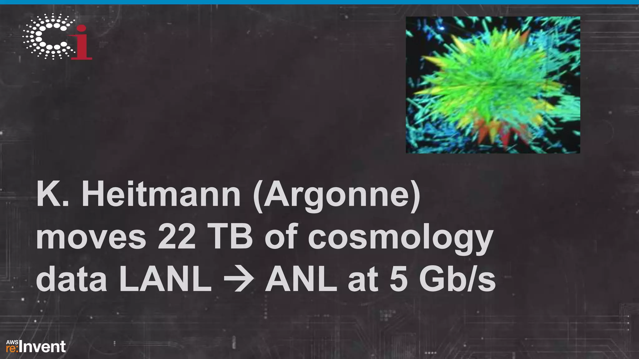 K. Heitmann (Argonne)
moves 22 TB of cosmology
data LANL  ANL at 5 Gb/s

 