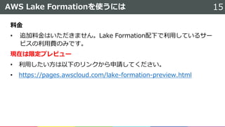 AWS Lake Formationを使うには 15
料金
• 追加料金はいただきません。Lake Formation配下で利用しているサー
ビスの利用費のみです。
現在は限定プレビュー
• 利用したい方は以下のリンクから申請してください。
• https://pages.awscloud.com/lake-formation-preview.html
 
