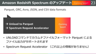 Amazon Redshift Spectrum のアップデート 23
• UNLOADコマンドでカラムナファイルフォーマット Parquet による
ファイル出力がサポートされます
• Spectrum Request Accelerator （これ以上の情報がありません）
 