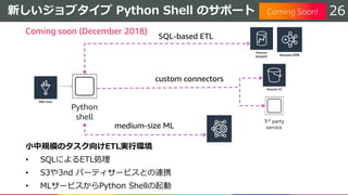 新しいジョブタイプ Python Shell のサポート 26
小中規模のタスク向けETL実行環境
• SQLによるETL処理
• S3や3nd パーティサービスとの連携
• MLサービスからPython Shellの起動
 