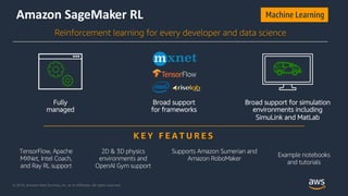 © 2018, Amazon Web Services, Inc. or its Affiliates. All rights reserved.
Amazon SageMaker RL Machine Learning
Broad suppo...
