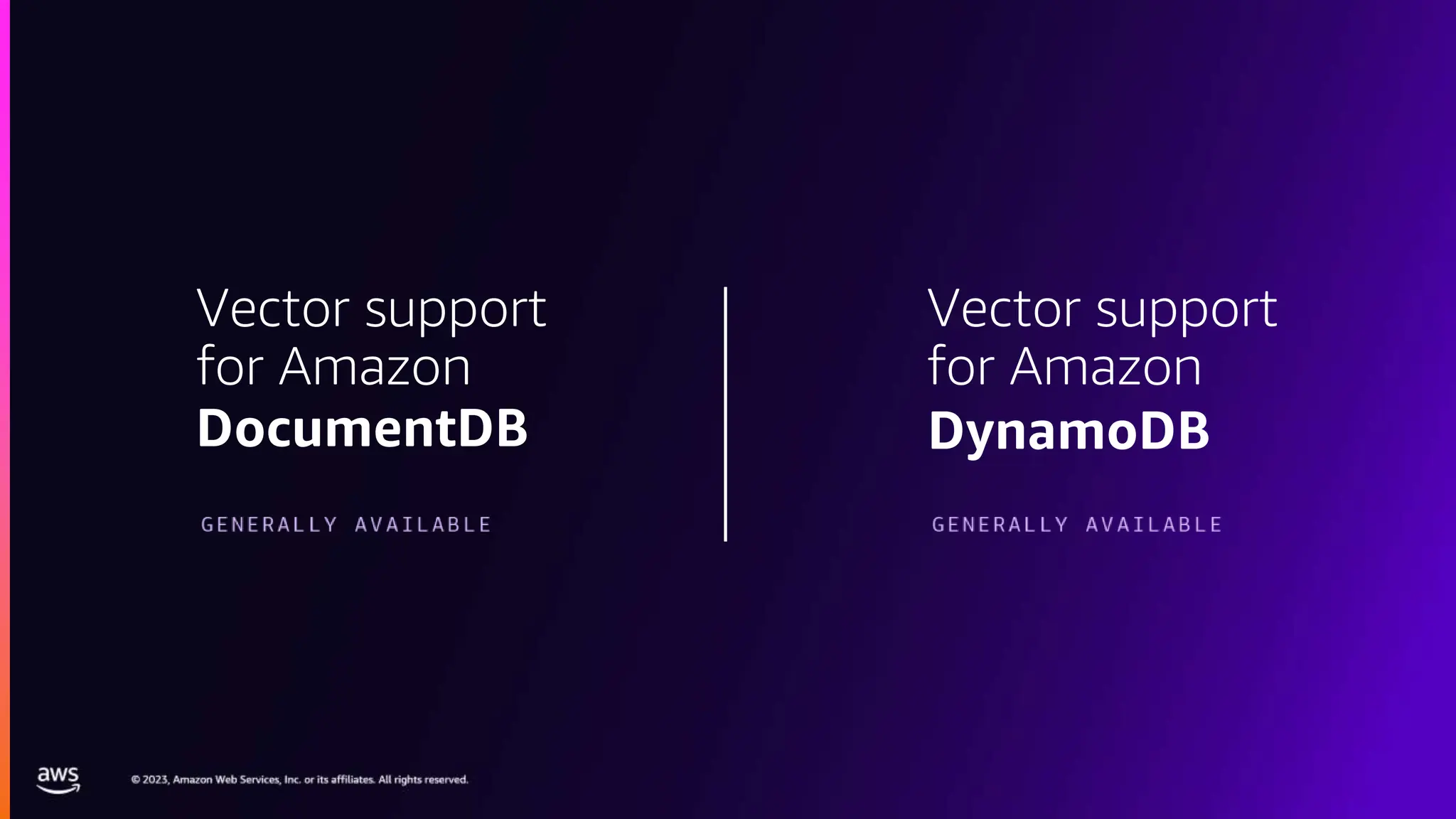 Vector support
for Amazon
DocumentDB
Vector support
for Amazon
DynamoDB
 