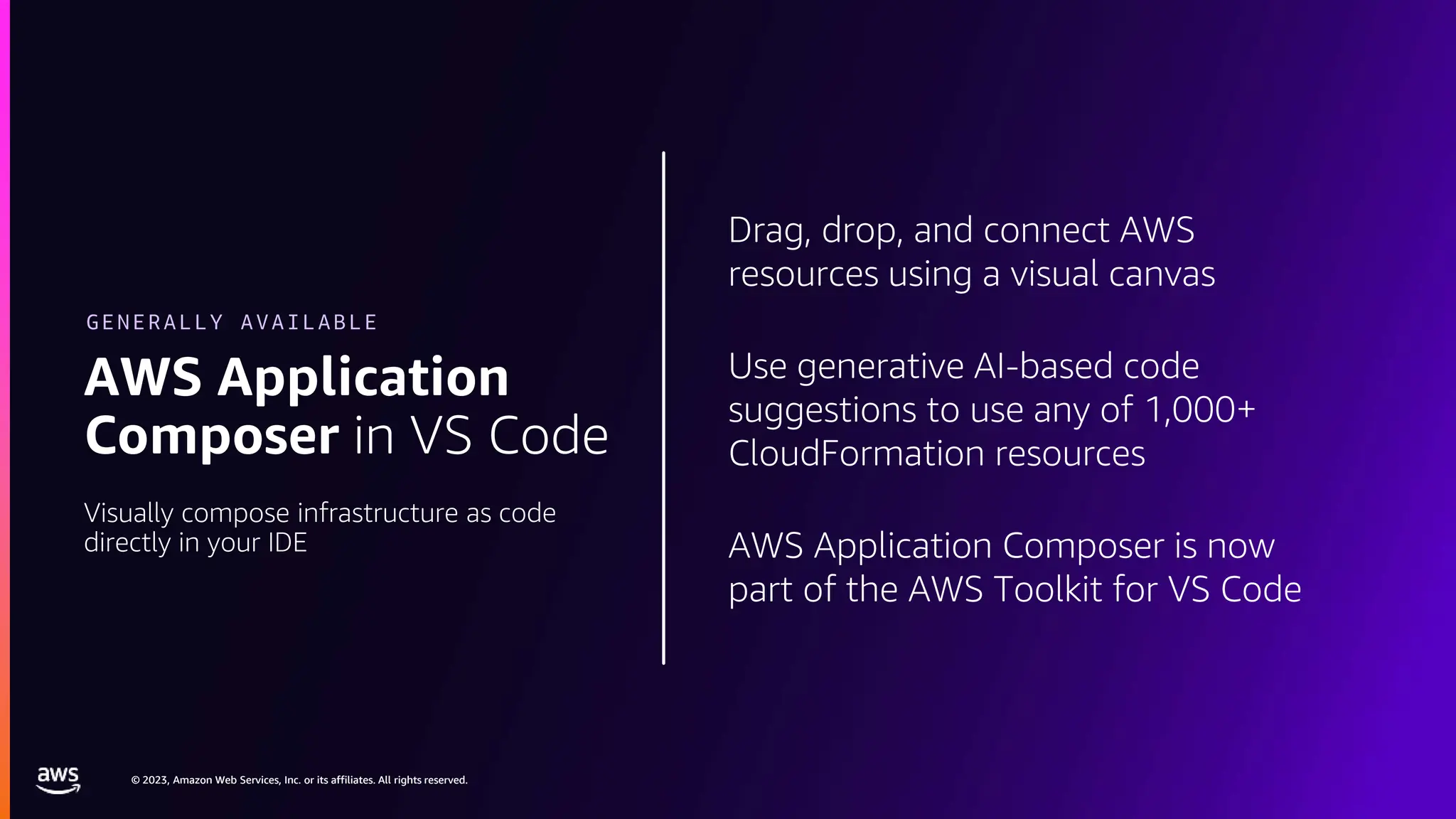 © 2023, Amazon Web Services, Inc. or its affiliates. All rights reserved.
© 2023, Amazon Web Services, Inc. or its affiliates. All rights reserved.
Drag, drop, and connect AWS
resources using a visual canvas
Use generative AI-based code
suggestions to use any of 1,000+
CloudFormation resources
AWS Application Composer is now
part of the AWS Toolkit for VS Code
AWS Application
Composer in VS Code
Visually compose infrastructure as code
directly in your IDE
GENERALLY AVAILABLE
 