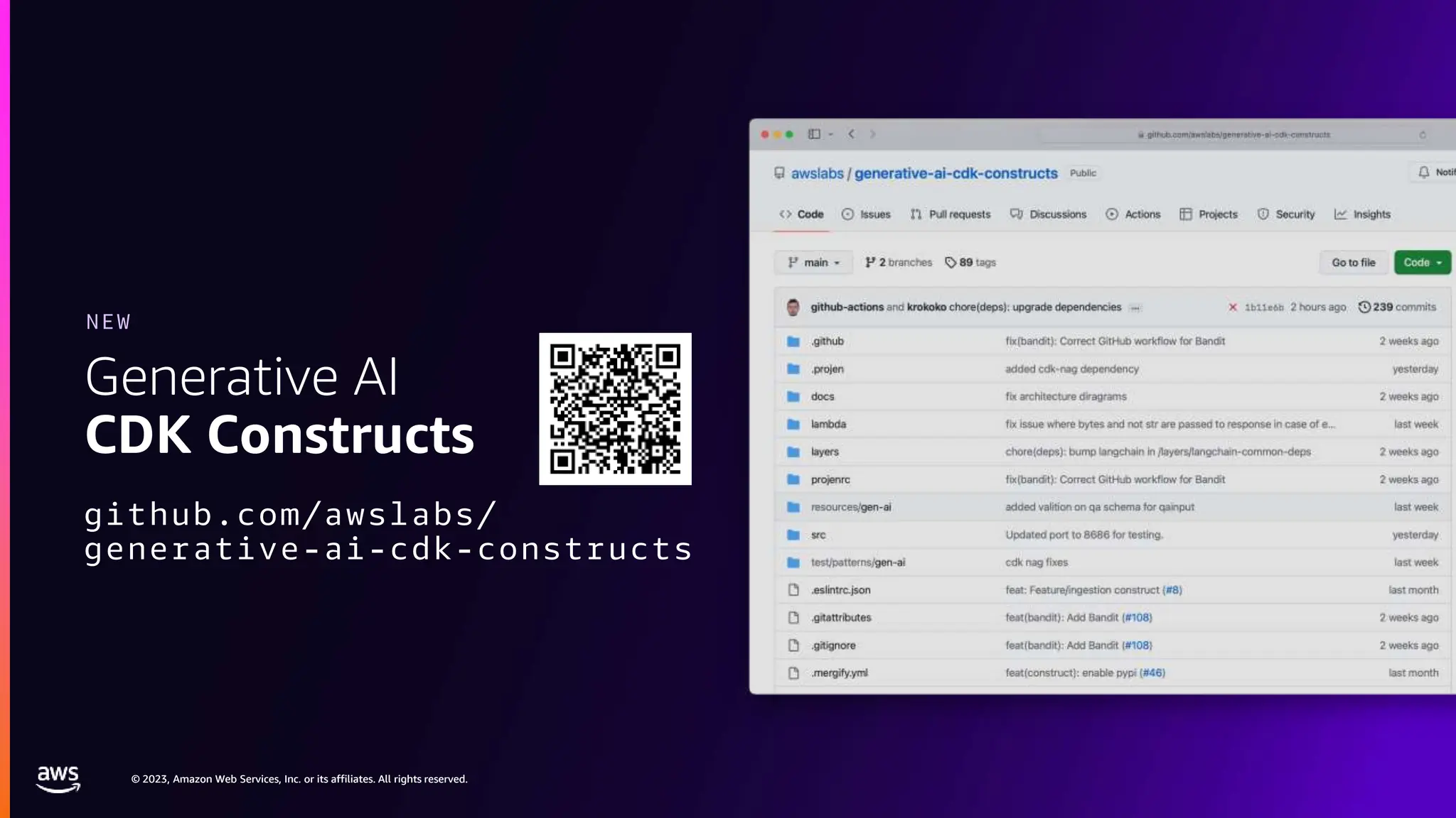 © 2023, Amazon Web Services, Inc. or its affiliates. All rights reserved.
© 2023, Amazon Web Services, Inc. or its affiliates. All rights reserved.
Generative AI
CDK Constructs
github.com/awslabs/
generative-ai-cdk-constructs
NEW
 