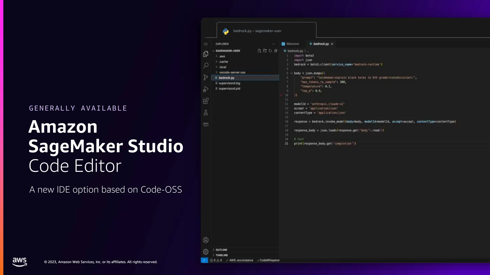 © 2023, Amazon Web Services, Inc. or its affiliates. All rights reserved.
© 2023, Amazon Web Services, Inc. or its affiliates. All rights reserved.
Amazon
SageMaker Studio
Code Editor
A new IDE option based on Code-OSS
GENERALLY AVAILABLE
bedrock.py – sagemaker-user
 