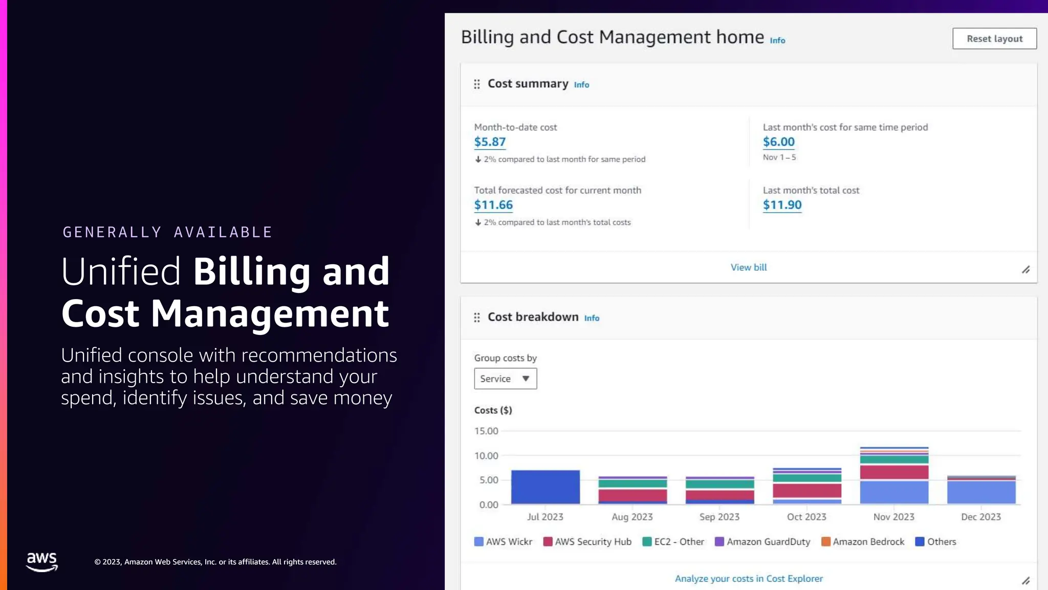 © 2023, Amazon Web Services, Inc. or its affiliates. All rights reserved.
© 2023, Amazon Web Services, Inc. or its affiliates. All rights reserved.
Unified Billing and
Cost Management
GENERALLY AVAILABLE
Unified console with recommendations
and insights to help understand your
spend, identify issues, and save money
 