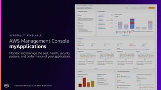 © 2023, Amazon Web Services, Inc. or its affiliates. All rights reserved.
© 2023, Amazon Web Services, Inc. or its affiliates. All rights reserved.
AWS Management Console
myApplications
GENERALLY AVAILABLE
Monitor and manage the cost, health, security
posture, and performance of your applications
 