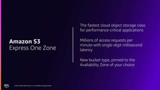 © 2023, Amazon Web Services, Inc. or its affiliates. All rights reserved.
© 2023, Amazon Web Services, Inc. or its affiliates. All rights reserved.
The fastest cloud object storage class
for performance-critical applications
Millions of access requests per
minute with single-digit millisecond
latency
New bucket type, pinned to the
Availability Zone of your choice
Amazon S3
Express One Zone
 