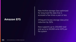 © 2023, Amazon Web Services, Inc. or its affiliates. All rights reserved.
© 2023, Amazon Web Services, Inc. or its affiliates. All rights reserved.
New Archive storage class optimized
for long-lived file data that is
accessed a few times a year or less
Infrequent Access storage class price
reduction by 36%
Now supports up to 250,000 read
and up to to 50,000 write IOPS per
file system
Amazon EFS
 