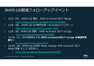© 2017, Amazon Web Services, Inc. or its Affiliates. All rights reserved.
JAWS-UG関連フォローアップイベント
• 12/4（月） JAWS-UG 横浜 AWS re:Invent 2017 Recap
• https://jawsug-yokohama.connpass.com/event/62997/
• 12/8（⾦） JAWS-UG IoT専門⽀部〜re:Inventアップデート
• https://jawsug-iot.connpass.com/event/71205/
• 12/8（⾦）JAWS-UG 関⻄ AWS re:Invent 2017 re:Cap
• https://jawsugosaka.doorkeeper.jp/events/66940
• 12/16（土）JAWS関⻄⼥⼦会 AWS re:Invent2017 re:cap ＆機械学習
祭り！
• https://jawsugkgirls.doorkeeper.jp/events/66073
• 12/20（水）JAWS-UG KOBE Alexa meetup #09 re:Invent 2017
Alexa 特集 そして 忘年会へ。
• https://jaws-ug-kobe.doorkeeper.jp/events/65065
 
