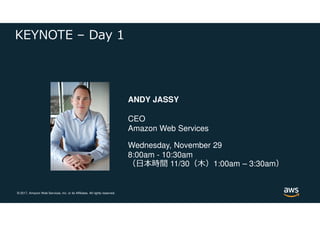 © 2017, Amazon Web Services, Inc. or its Affiliates. All rights reserved.
KEYNOTE – Day 1
ANDY JASSY
CEO
Amazon Web Services
Wednesday, November 29
8:00am - 10:30am
（日本時間 11/30（木）1:00am – 3:30am）
 