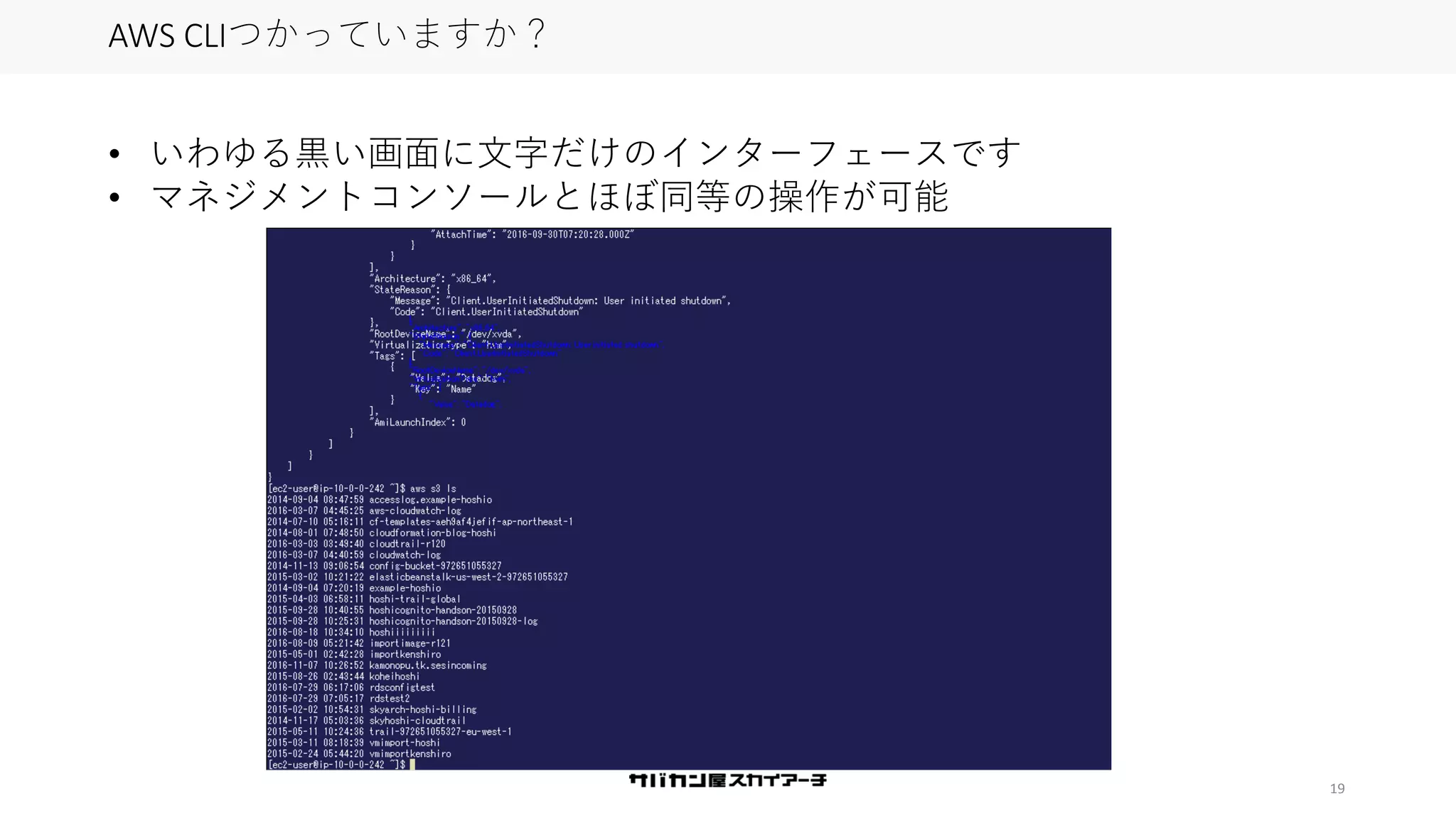 19
AWS CLIつかっていますか？
• いわゆる黒い画面に文字だけのインターフェースです
• マネジメントコンソールとほぼ同等の操作が可能
 