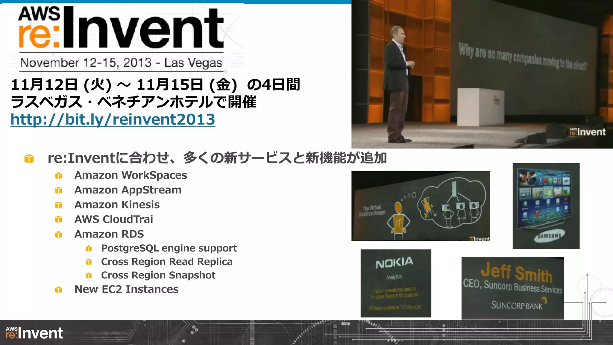 11月12日 (火) 〜 11月15日 (金) の4日間
ラスベガス・ベネチアンホテルで開催
http://bit.ly/reinvent2013
re:Inventに合わせ、多くの新サービスと新機能が追加
Amazon WorkSpaces
Amazon AppStream
Amazon Kinesis
AWS CloudTrai
Amazon RDS
PostgreSQL engine support
Cross Region Read Replica
Cross Region Snapshot

New EC2 Instances

 