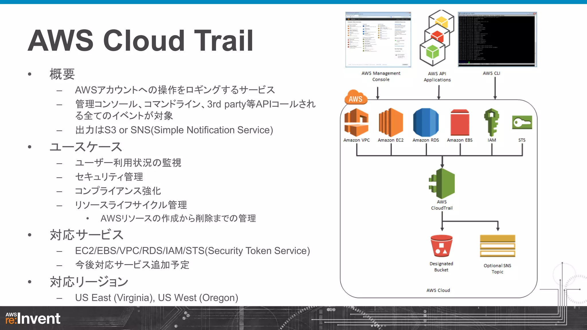 AWS Cloud Trail
•

概要
–
–

–

•

AWSアカウントへの操作をロギングするサービス
管理コンソール、コマンドライン、3rd party等APIコールされ
る全てのイベントが対象
出力はS3 or SNS(Simple Notification Service)

ユースケース
–
–
–
–

ユーザー利用状況の監視
セキュリティ管理
コンプライアンス強化
リソースライフサイクル管理
•

•

対応サービス
–
–

•

AWSリソースの作成から削除までの管理

EC2/EBS/VPC/RDS/IAM/STS(Security Token Service)
今後対応サービス追加予定

対応リージョン
–

US East (Virginia), US West (Oregon)

 
