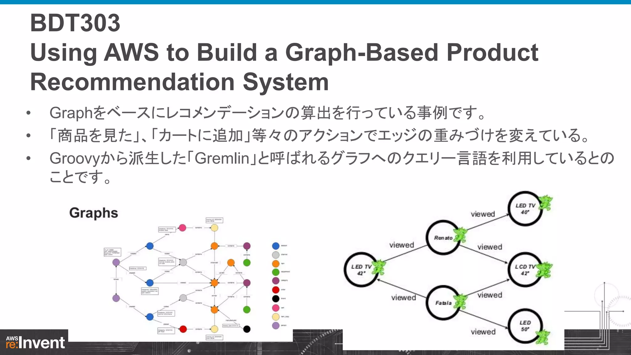 BDT303
Using AWS to Build a Graph-Based Product
Recommendation System
•
•
•

Graphをベースにレコメンデーションの算出を行っている事例です。
「商品を見た」、「カートに追加」等々のアクションでエッジの重みづけを変えている。
Groovyから派生した「Gremlin」と呼ばれるグラフへのクエリー言語を利用しているとの
ことです。

 