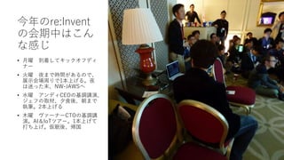 re:Invent
λФϤ
ʸФ
?  Ťƥåեǥ
ʩ`
?  ҹޤǕrgΤǡ
չʾܤ1Ϥ롣ҹ
ԤäĩNW-JAWS
? ˮ ǥCEOλ{vݡ
դȡġϦʳᡢޤ
̹P2Ϥ
? ľ `ʩ`CTOλ{v
ݡAIIoTĥ`1Ϥ
Ϥᡢ
 