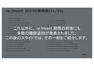 © 2017, Amazon Web Services, Inc. or its Affiliates. All rights reserved.
re:Invent 2017の新発表(11/29)
1. AWS Fargateを発表
2. Amazon EKSを発表
3. Amazon Aurora Multi-Masterを発表
4. Amazon Aurora Serverlessを発表
5. Amazon DynamoDBのグローバルテーブル機能を発表
6. Amazon DynamoDBのオンデマンドバックアップ機能を発表
7. Amazon Neptuneを発表
8. Amazon S3/Glacier Selectを発表
9. Amazon SageMakerを発表
10. AWS DeepLensを発表
11. Amazon Rekognition Videoを発表
12. Amazon Kinesis Video Streamsを発表
13. Amazon Transcribeを発表
14. Amazon Translateを発表
15. Amazon Comprehendを発表
16. AWS IoT Device Managementを発表
17. AWS IoT Defenderを発表
18. AWS IoT Analyticsを発表
19. Amazon FreeRTOSを発表
20. AWS Systems Managerを発表
21. AWS Greengrass ML Inferenceを発表
22. AWS IoT Coreの認証機能を強化
23. AWS IoT 1-Clickを発表
24. AWS Greengrassに3つのアップデート
25. インターリージョンVPCピアリングを発表
26. AWS WAFのパートナー提供のマネージドルールを発表
27. Amazon EC2のLaunch Templateを発表
28. Amazon Lightsailでロードバランサが利⽤可能に
29. Amazon EC2のSpread Placement Groupを発表
30. Amazon EC2のT2 Unlimitedインスタンスを発表
31. Amazon Time Sync Serviceを発表
これ以外に、 re:Invent 期間の前後にも
多数の機能追加が発表されました。
この後のスライドでは、その一部をご紹介します。
 