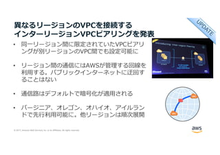 © 2017, Amazon Web Services, Inc. or its Affiliates. All rights reserved.
異なるリージョンのVPCを接続する
インターリージョンVPCピアリングを発表
• 同⼀リージョン間に限定されていたVPCピアリ
ングが別リージョンのVPC間でも設定可能に
• リージョン間の通信にはAWSが管理する回線を
利⽤する。パブリックインターネットに迂回す
ることはない
• 通信路はデフォルトで暗号化が適⽤される
• バージニア、オレゴン、オハイオ、アイルラン
ドで先⾏利⽤可能に。他リージョンは順次展開
 