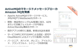 © 2017, Amazon Web Services, Inc. or its Affiliates. All rights reserved.
ActiveMQのマネージドメッセージブローカ
Amazon MQを発表
• Apache ActiveMQのマネージドサービス。
JMS/MQTT/WebSocketもサポート
• 開発・検証⽤のシングルAZ配置に加え、AZを
またいだ⾃動フェイルオーバが可能な
Active/Standby構成もサポート
• 既存アプリの移⾏に最適。新規はSQSを推奨
• サービスAPIに対するIAMによる認証・認可や
CloudWatchによるメトリクス監視にも対応
• バージニア、オハイオ、オレゴン、アイルラン
ド、フランクフルト、シドニーで利⽤可能
 