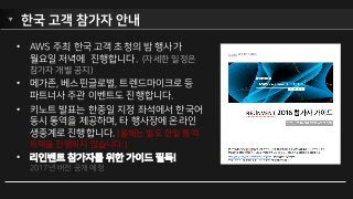 한국 고객 참가자 안내
• AWS 주최 한국 고객 초청의 밤 행사가
월요일 저녁에 진행합니다. (자세한 일정은
참가자 개별 공지)
• 메가존, 베스핀글로벌, 트렌드마이크로 등
파트너사 주관 이벤트도 진행합니다.
• 키노트 발표는 한중일 지정 좌석에서 한국어
동시 통역을 제공하며, 타 행사장에 온라인
생중계로 진행합니다. (올해는 별도 한일 통역
트랙을 진행하지 않습니다.)
• 리인벤트 참가자를 위한 가이드 필독!
2017년 버전 공개 예정
 
