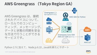© 2017, Amazon Web Services, Inc. or its Affiliates. All rights reserved.
AWS SDK for Python
AWS IoT
Greengrassとつ
なぐIoTデバイス
Greengrass Core SDK
AWS IoT SDK (C++) ---------à
 