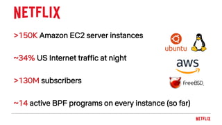 >150K Amazon EC2 server instances
~34% US Internet traffic at night
>130M subscribers
~14 active BPF programs on every instance (so far)
 