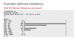 Example: bpftrace biolatency
# biolatency.bt
Attaching 3 probes...
Tracing block device I/O... Hit Ctrl-C to end.
^C
@usecs:
[256, 512) 2 | |
[512, 1K) 10 |@ |
[1K, 2K) 426 |@@@@@@@@@@@@@@@@@@@@@@@@@@@@@@@@@@@@@@@@@@@@@@@@@@@@|
[2K, 4K) 230 |@@@@@@@@@@@@@@@@@@@@@@@@@@@@ |
[4K, 8K) 9 |@ |
[8K, 16K) 128 |@@@@@@@@@@@@@@@ |
[16K, 32K) 68 |@@@@@@@@ |
[32K, 64K) 0 | |
[64K, 128K) 0 | |
[128K, 256K) 10 |@ |
[...]
Disk I/O latency histograms, per second
 