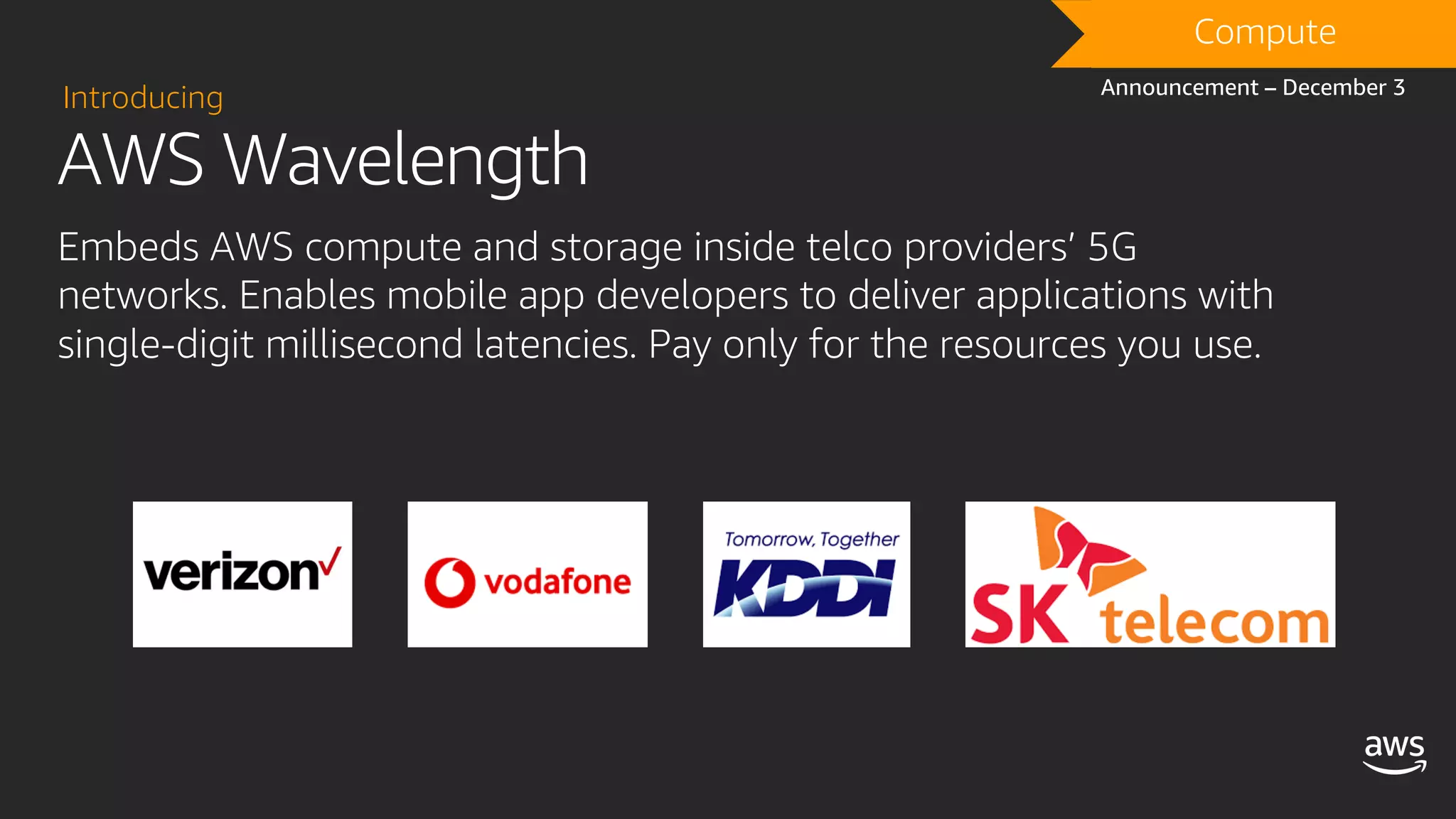 AWS Wavelength
Introducing
Embeds AWS compute and storage inside telco providers’ 5G
networks. Enables mobile app developers to deliver applications with
single-digit millisecond latencies. Pay only for the resources you use.
DRAFTCompute
Announcement – December 3
 