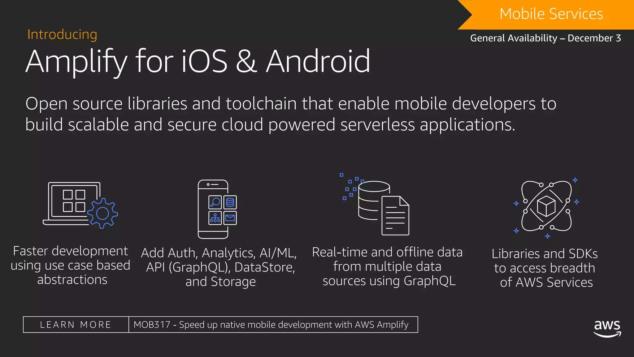 Amplify for iOS & Android
Introducing
DRAFTMobile Services
General Availability – December 3
Open source libraries and toolchain that enable mobile developers to
build scalable and secure cloud powered serverless applications.
L E A R N M O R E MOB317 - Speed up native mobile development with AWS Amplify
 
