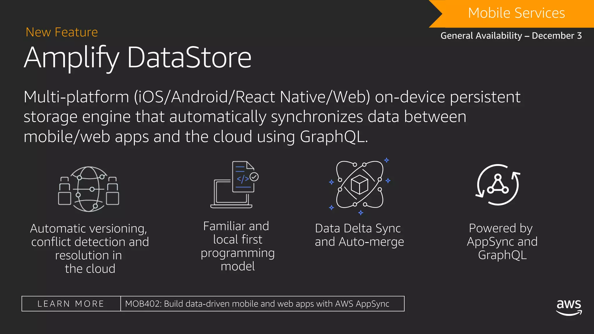 Amplify DataStore
New Feature
DRAFTMobile Services
General Availability – December 3
Multi-platform (iOS/Android/React Native/Web) on-device persistent
storage engine that automatically synchronizes data between
mobile/web apps and the cloud using GraphQL.
L E A R N M O R E MOB402: Build data-driven mobile and web apps with AWS AppSync
 
