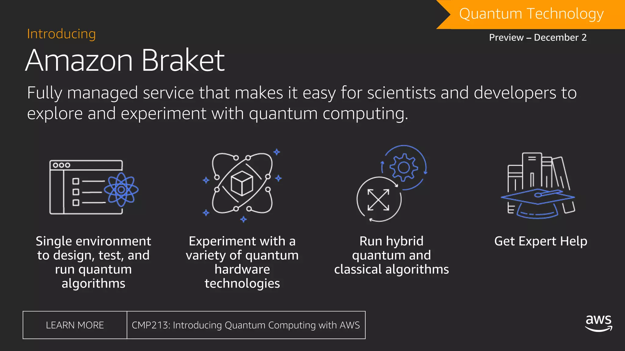 Amazon Braket
Introducing
Fully managed service that makes it easy for scientists and developers to
explore and experiment with quantum computing.
DRAFTQuantum Technology
Preview – December 2
LEARN MORE CMP213: Introducing Quantum Computing with AWS
 