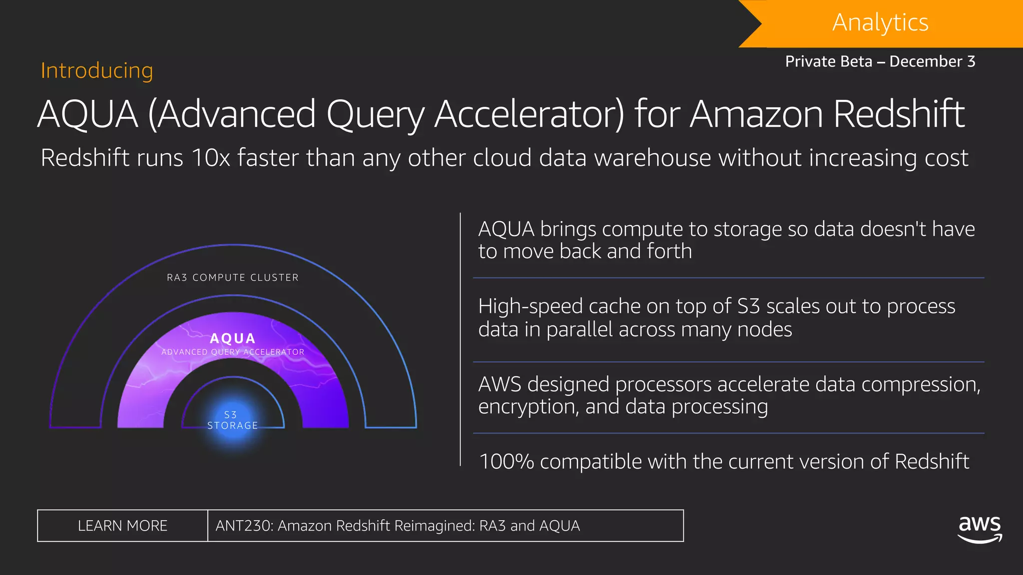 AQUA (Advanced Query Accelerator) for Amazon Redshift
Introducing
Redshift runs 10x faster than any other cloud data warehouse without increasing cost
DRAFTAnalytics
Private Beta – December 3
LEARN MORE ANT230: Amazon Redshift Reimagined: RA3 and AQUA
AQUA brings compute to storage so data doesn't have
to move back and forth
High-speed cache on top of S3 scales out to process
data in parallel across many nodes
AWS designed processors accelerate data compression,
encryption, and data processing
100% compatible with the current version of Redshift
S3
STORAGE
AQUA
ADVANCED QUERY ACCELERATOR
RA3 COMPUTE CLUSTER
 