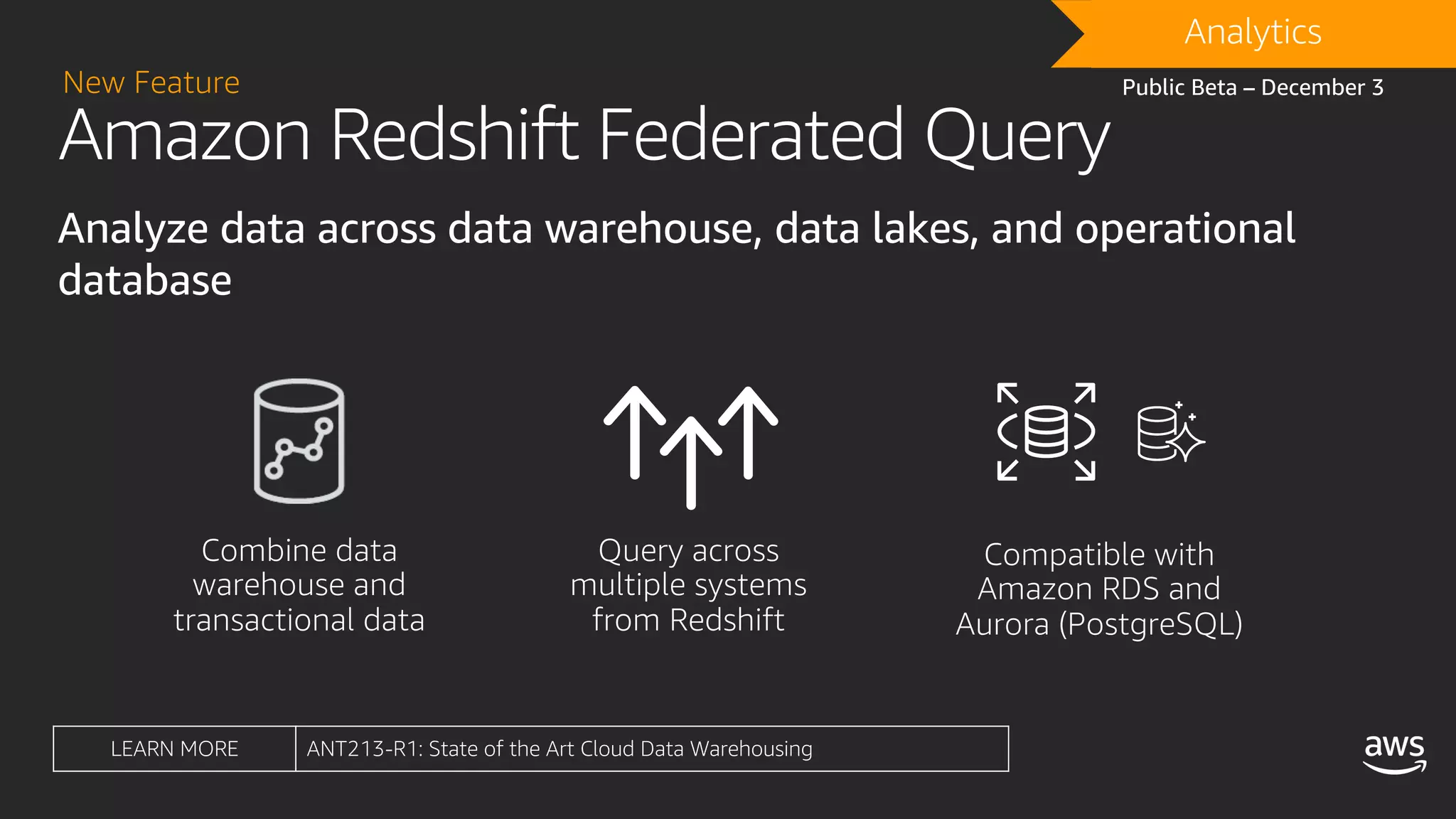 Amazon Redshift Federated Query
Analyze data across data warehouse, data lakes, and operational
database
New Feature
DRAFTAnalytics
Public Beta – December 3
LEARN MORE ANT213-R1: State of the Art Cloud Data Warehousing
 