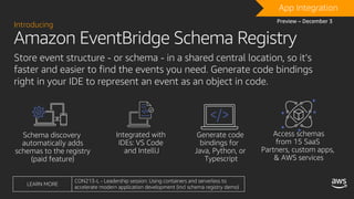 Amazon EventBridge Schema Registry
Introducing
Store event structure - or schema - in a shared central location, so it’s
faster and easier to find the events you need. Generate code bindings
right in your IDE to represent an event as an object in code.
DRAFTApp Integration
Preview – December 3
LEARN MORE
CON213-L - Leadership session: Using containers and serverless to
accelerate modern application development (incl schema registry demo)
 