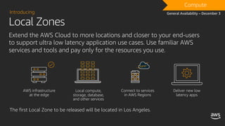Local Zones
Introducing
Extend the AWS Cloud to more locations and closer to your end-users
to support ultra low latency application use cases. Use familiar AWS
services and tools and pay only for the resources you use.
DRAFTCompute
General Availability – December 3
The first Local Zone to be released will be located in Los Angeles.
 