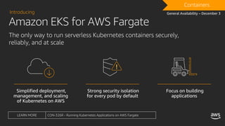 DRAFTContainers
General Availability – December 3
LEARN MORE CON-326R - Running Kubernetes Applications on AWS Fargate
Introducing
The only way to run serverless Kubernetes containers securely,
reliably, and at scale
Amazon EKS for AWS Fargate
 