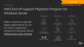 Introducing
DRAFTCompute
General Availability – December 1
Helps customers upgrade
legacy applications to run
on newer, supported
versions of Windows Server
without any code changes
Future-proof Reduced risk Cost-effective
Improved security
posture on supported,
new OS
Isolate old runtimes
Compliance with
industry regulations
No application
refactoring or recoding
cost
No extended support
costs
Decouple from
underlying OS
Low risk of failure on
subsequent OS updates
Supports all OS version Reduced operating costs
AWS End-of-support Migration Program for
Windows Server
 