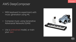 AWS DeepComposer
• MIDI keyboard to experiment with
music generation using ML
• Compose music using Generative
Adversarial Networks (GAN)
• Use a pretrained model, or train
your own
 