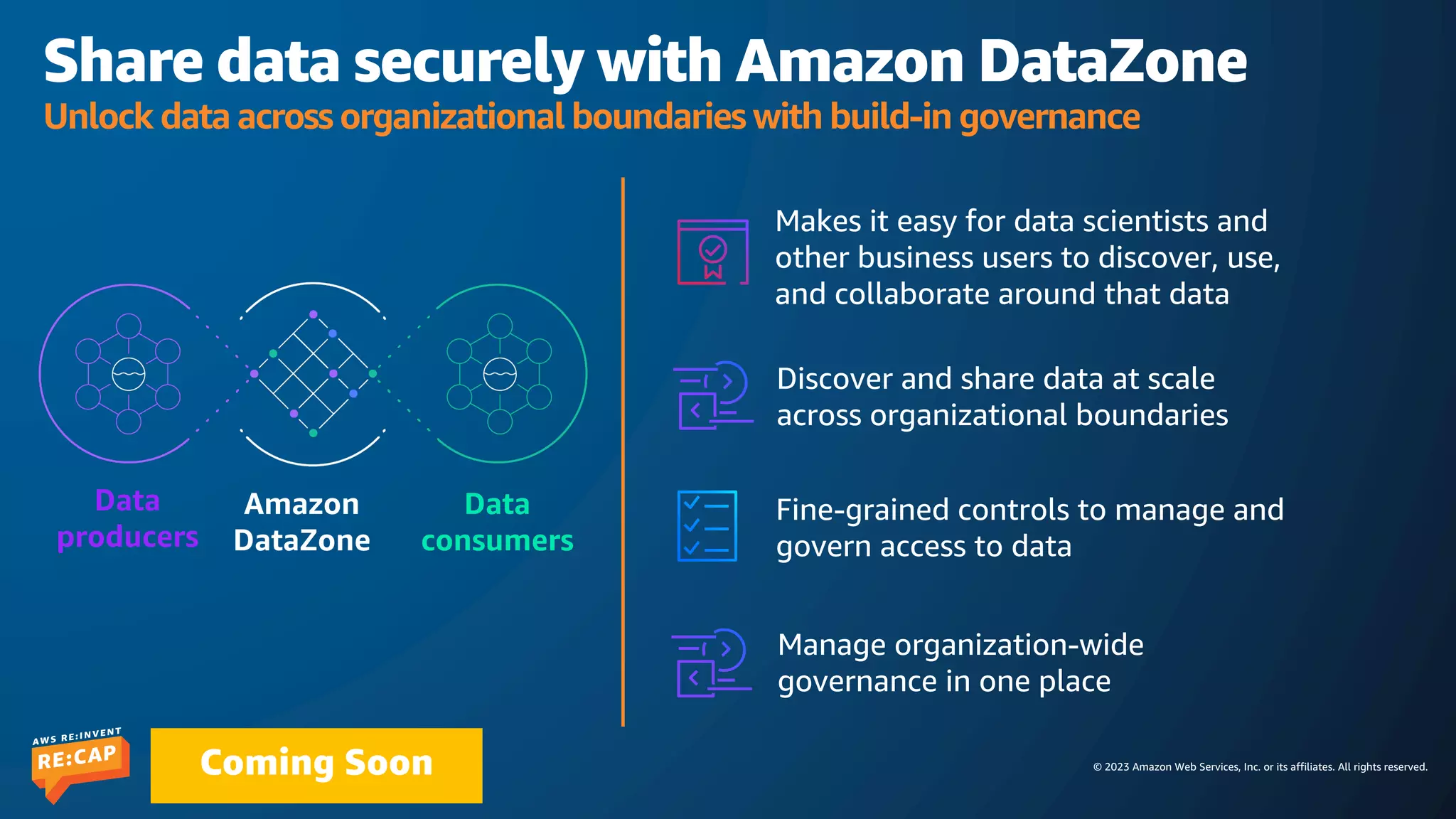 © 2023 Amazon Web Services, Inc. or its affiliates. All rights reserved.
Coming Soon
Share data securely with Amazon DataZone
Unlock data across organizational boundaries with build-in governance
Amazon
DataZone
Data
producers
Data
consumers
Fine-grained controls to manage and
govern access to data
Discover and share data at scale
across organizational boundaries
Makes it easy for data scientists and
other business users to discover, use,
and collaborate around that data
Manage organization-wide
governance in one place
 