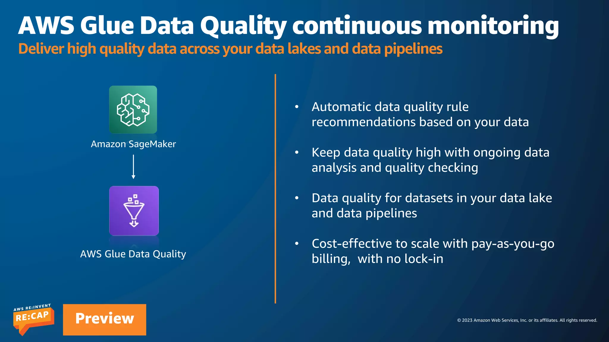 © 2023 Amazon Web Services, Inc. or its affiliates. All rights reserved.
Preview
AWS Glue Data Quality continuous monitoring
Deliver high quality data across your data lakes and data pipelines
• Automatic data quality rule
recommendations based on your data
• Keep data quality high with ongoing data
analysis and quality checking
• Data quality for datasets in your data lake
and data pipelines
• Cost-effective to scale with pay-as-you-go
billing, with no lock-in
AWS Glue Data Quality
Amazon SageMaker
 