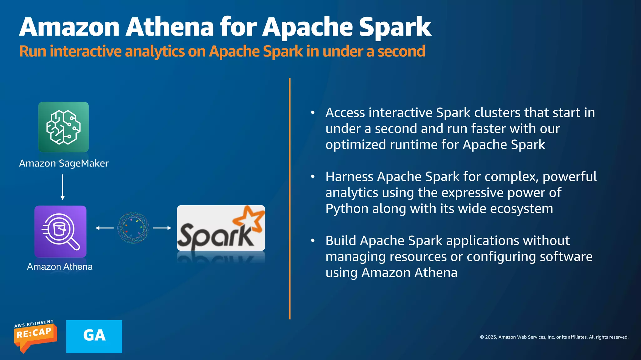 © 2023, Amazon Web Services, Inc. or its affiliates. All rights reserved.
GA
• Access interactive Spark clusters that start in
under a second and run faster with our
optimized runtime for Apache Spark
• Harness Apache Spark for complex, powerful
analytics using the expressive power of
Python along with its wide ecosystem
• Build Apache Spark applications without
managing resources or configuring software
using Amazon Athena
Amazon Athena
Amazon Athena for Apache Spark
Run interactive analytics on Apache Spark in under a second
Amazon SageMaker
 
